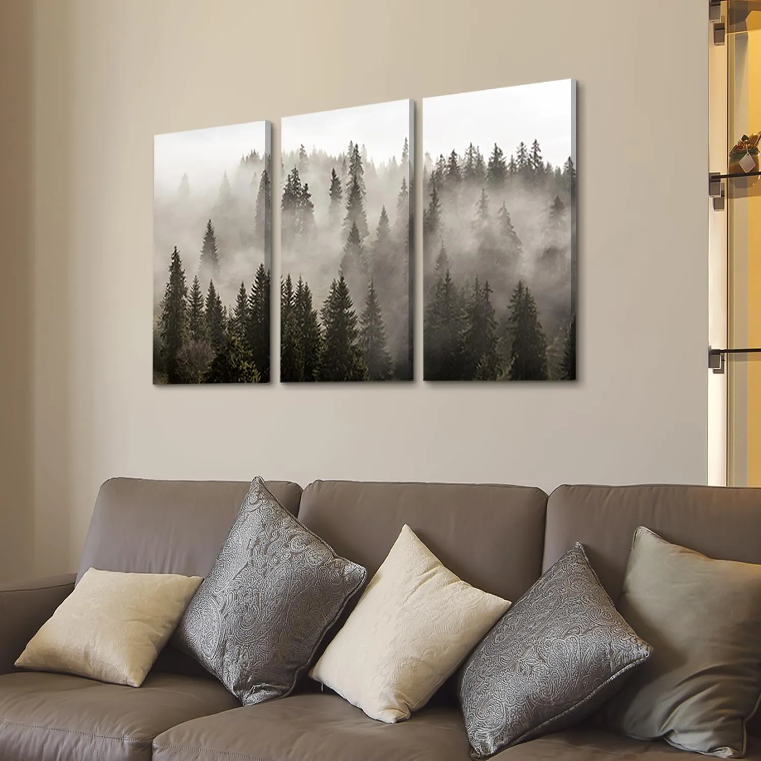 Natural Forest Wall Art Paintings: Photographic Artworks Dark Tree Line with Foggy Misty Forest Pine Print on Wrapped Canvas for Decoration, Landscape Multi-Piece Image 16"x26"x3, Gray Wall Decor