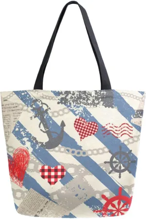 Nautical Retro Canvas Tote Bag Summer Sea Blue Stripes Women Shoulder Bag Reusable Grocery Bags Large Handbag Travel Shopping Bag for School Nursing Gift Outdoors