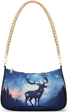 Nebula Galaxy Deer Mountain Tote Bag Hobo Handbag for Women Ladies Shoulder Bag Mini Clutch Purse with Zipper Closure