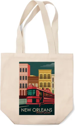 New Orleans, Louisiana, French Quarter, Buildings and Street Car, Vector (100% Cotton Canvas Reusable Tote Bag)
