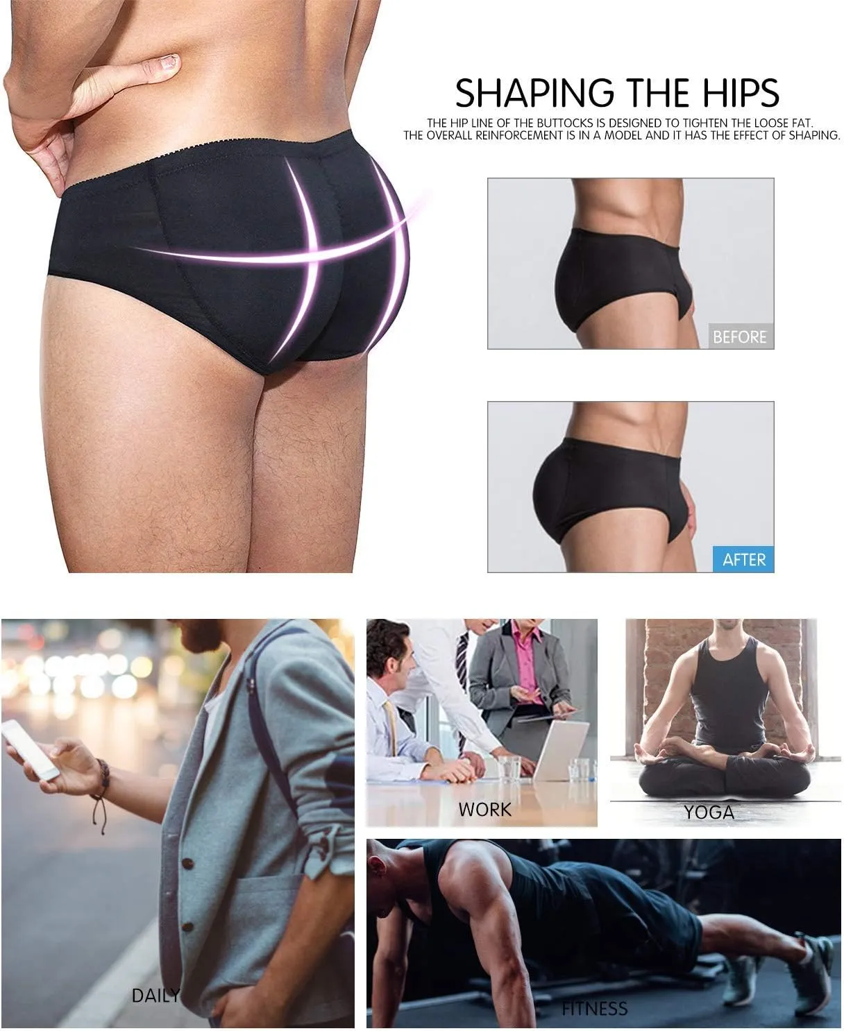 NonEcho Men Padded Underwear Briefs Boxers Men Butt Booster Hip Enhancer 4 Detachable Pads