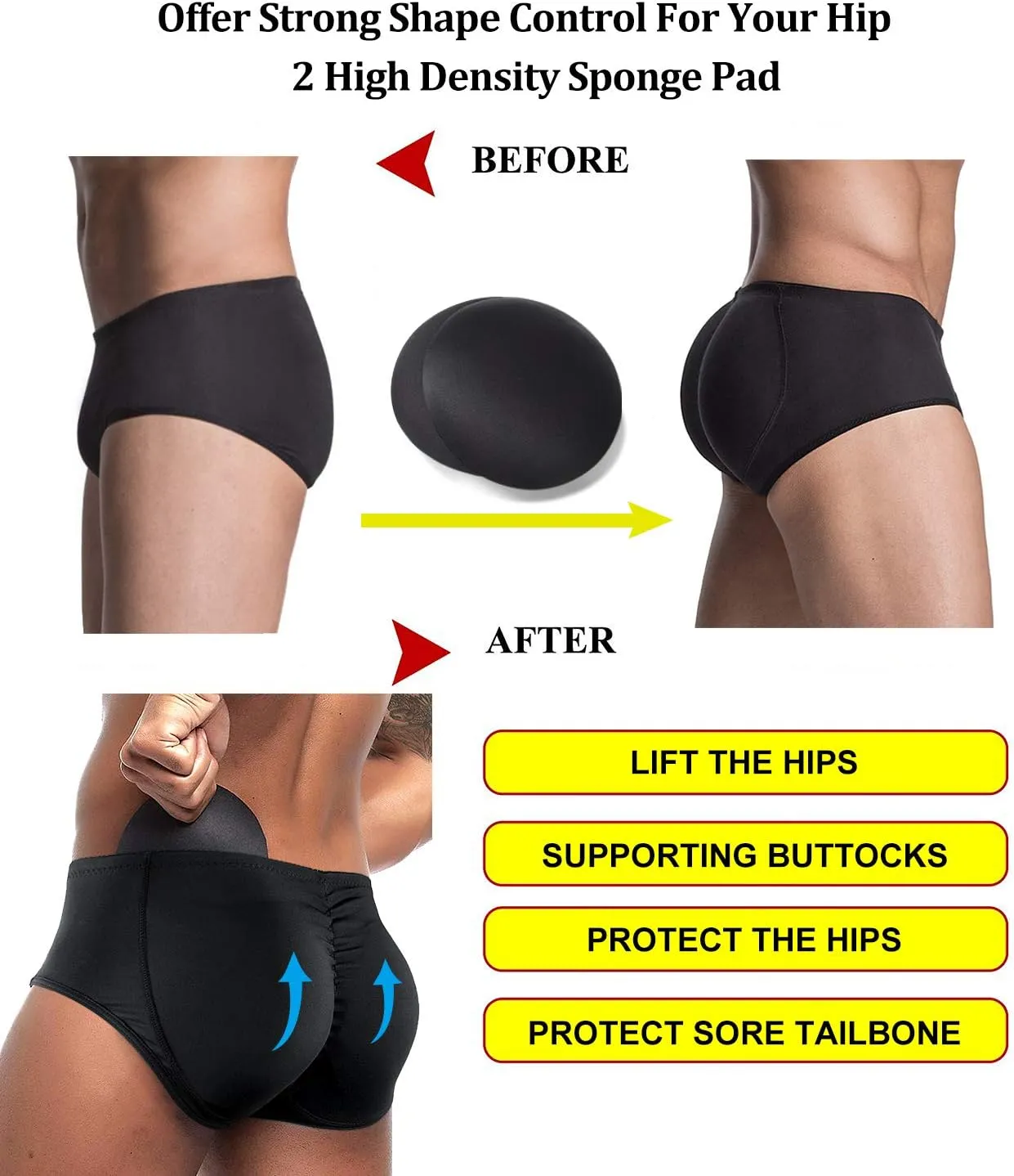 NonEcho Men Padded Underwear Briefs Boxers Men Butt Booster Hip Enhancer 4 Detachable Pads