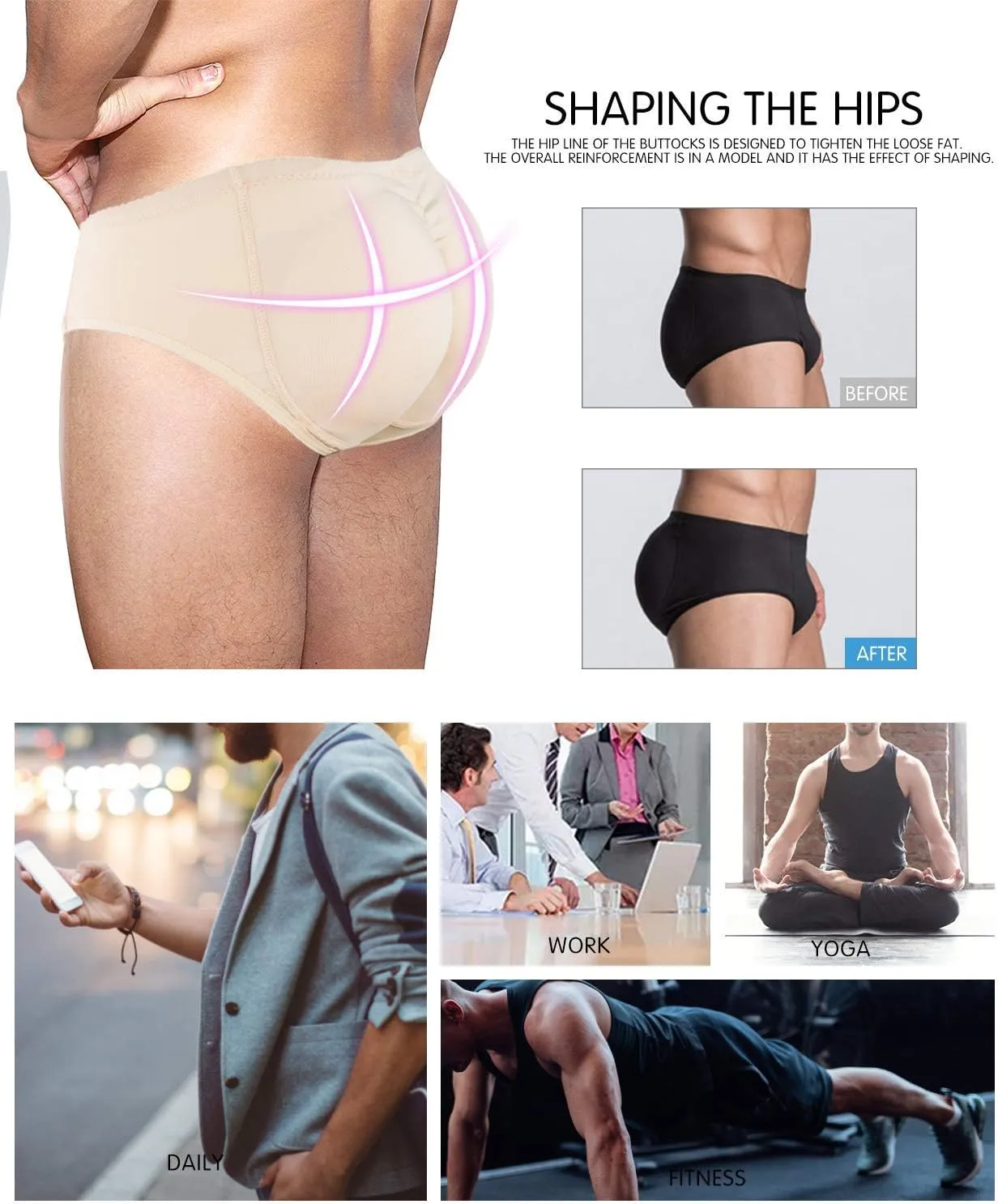 NonEcho Men Padded Underwear Briefs Boxers Men Butt Booster Hip Enhancer 4 Detachable Pads