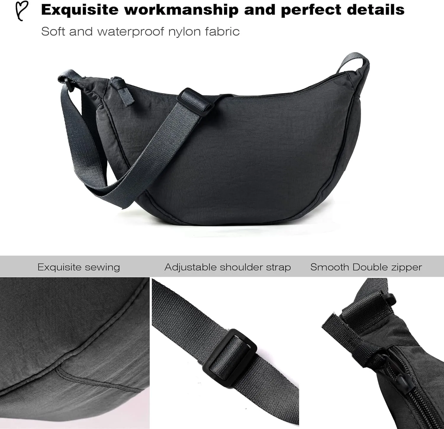 Nylon Crescent Crossbody Bag for Women Men Fanny Pack Crossbody Bag Dumpling Lightweight Travel Sling Bag