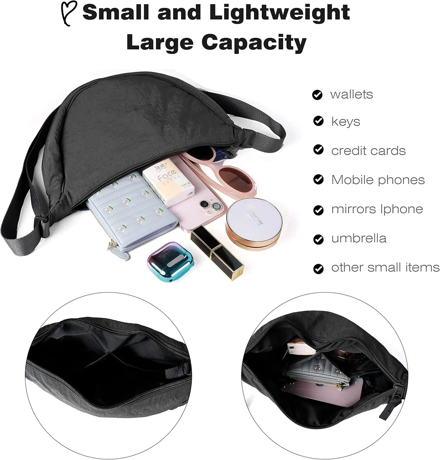 Nylon Crescent Crossbody Bag for Women Men Fanny Pack Crossbody Bag Dumpling Lightweight Travel Sling Bag