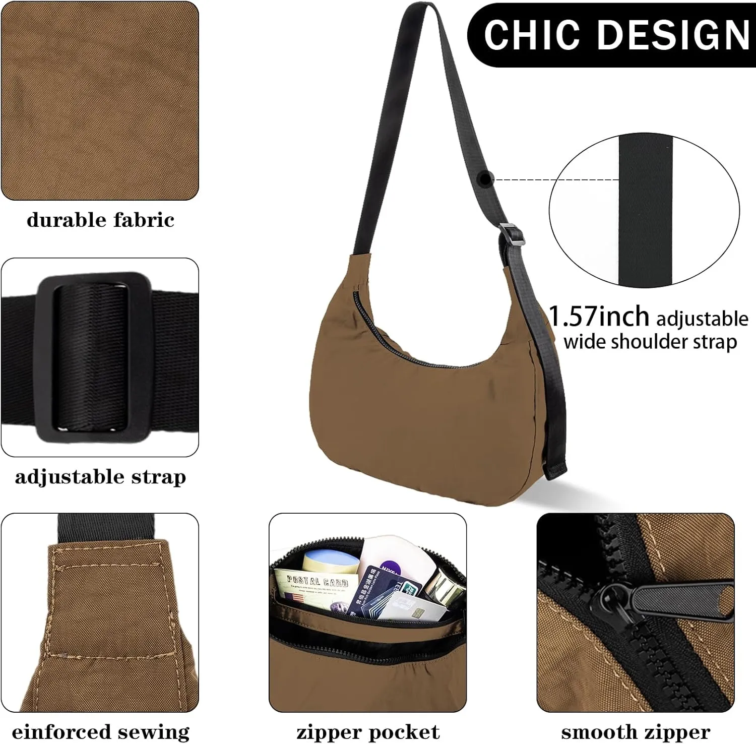 Nylon Crescent Shoulder Bag for Women Men,Crossbody Bag with Adjustable Strap&Dual Interior Zip Pocket