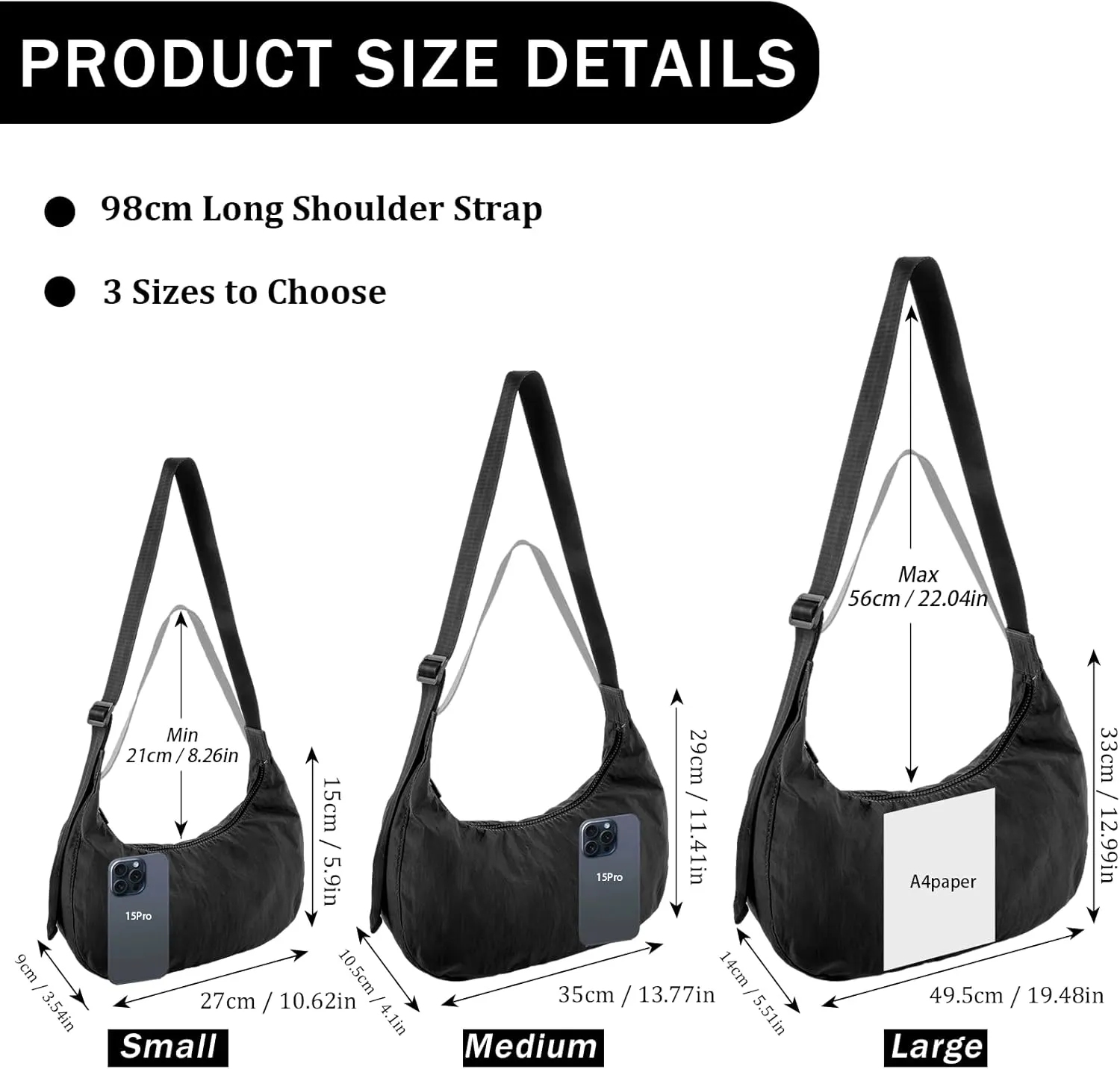 Nylon Crescent Shoulder Bag for Women Men,Crossbody Bag with Adjustable Strap&Dual Interior Zip Pocket