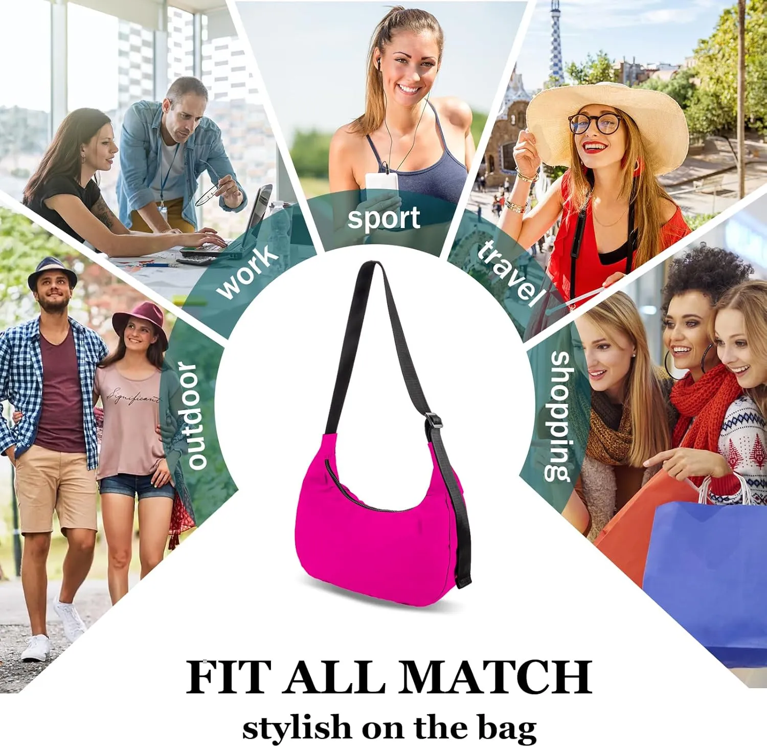 Nylon Crescent Shoulder Bag for Women Men,Crossbody Bag with Adjustable Strap&Dual Interior Zip Pocket