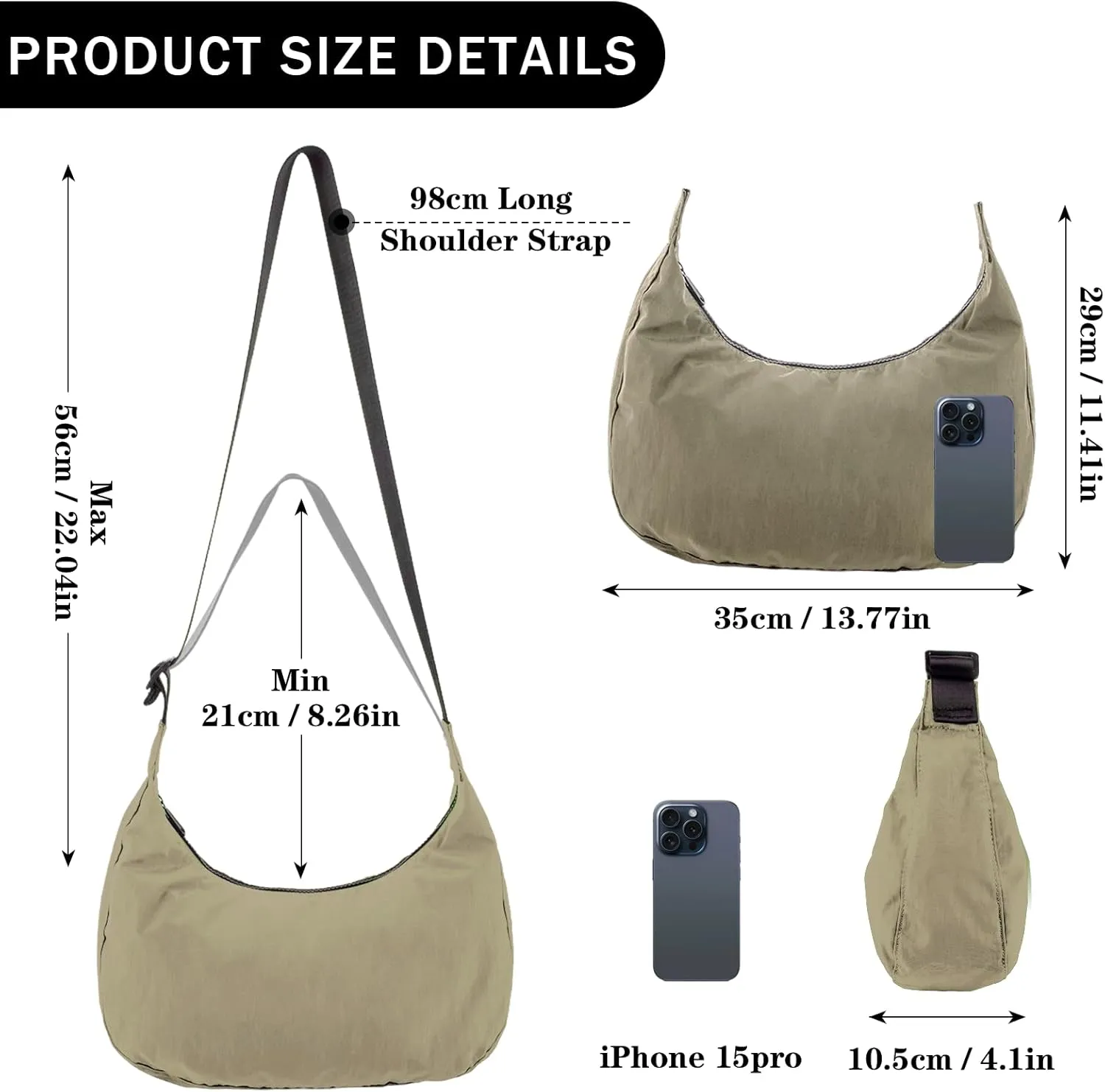 Nylon Crescent Shoulder Bag for Women Men,Crossbody Bag with Adjustable Strap&Dual Interior Zip Pocket