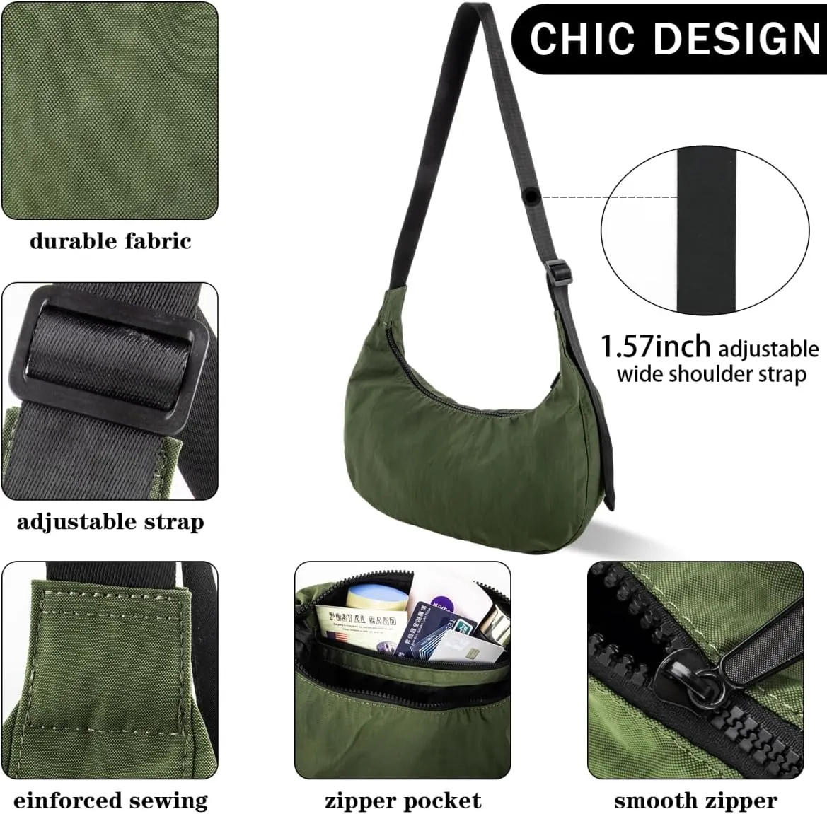 Nylon Crescent Shoulder Bag for Women Men,Crossbody Bag with Adjustable Strap&Dual Interior Zip Pocket