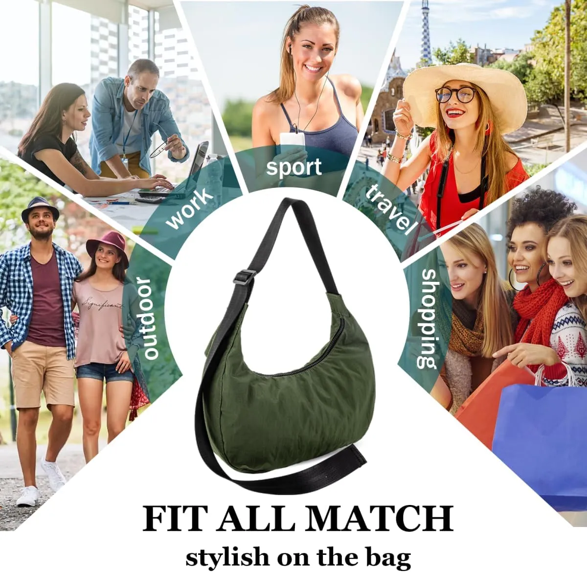 Nylon Crescent Shoulder Bag for Women Men,Crossbody Bag with Adjustable Strap&Dual Interior Zip Pocket