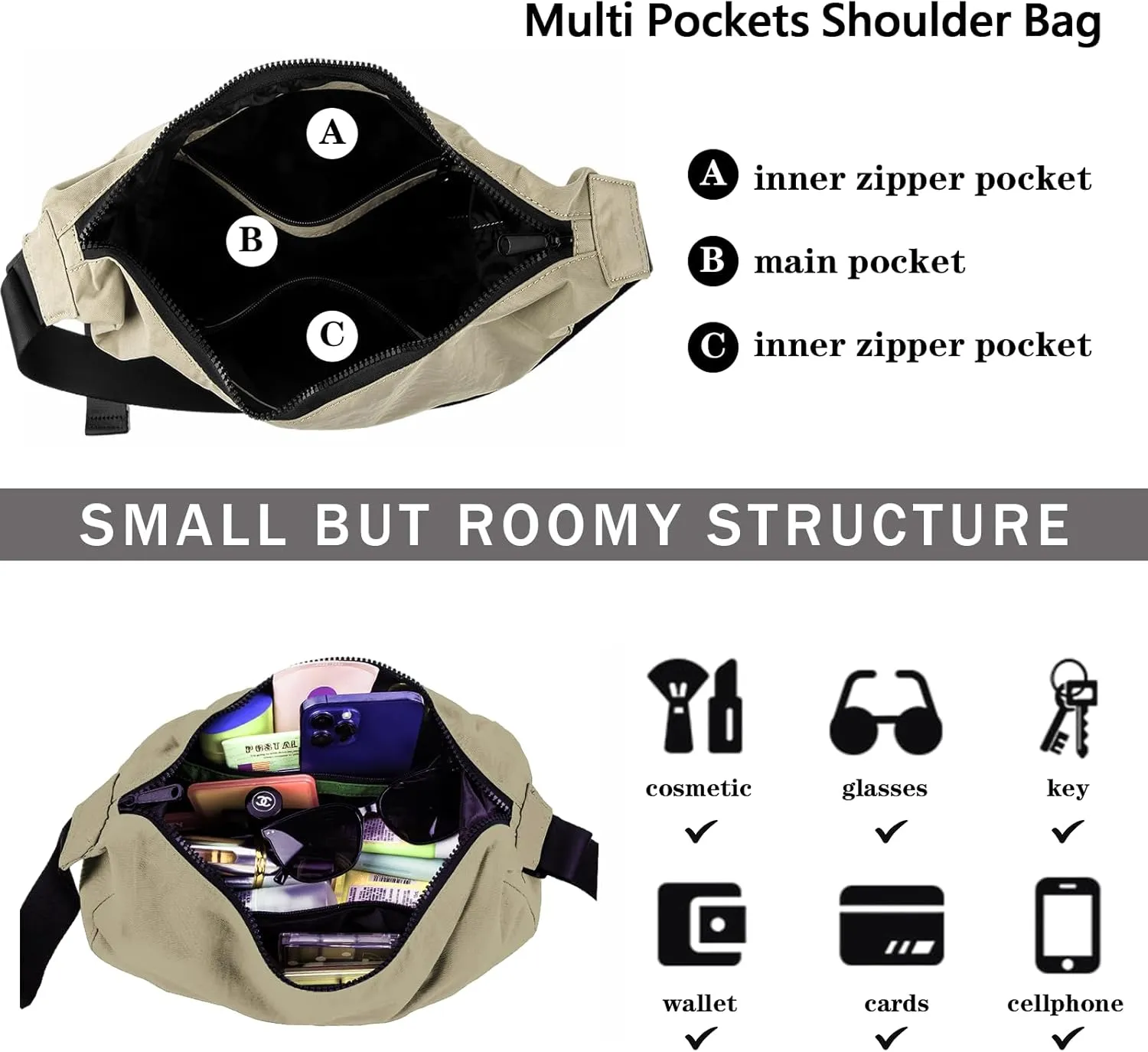 Nylon Crescent Shoulder Bag for Women Men,Crossbody Bag with Adjustable Strap&Dual Interior Zip Pocket