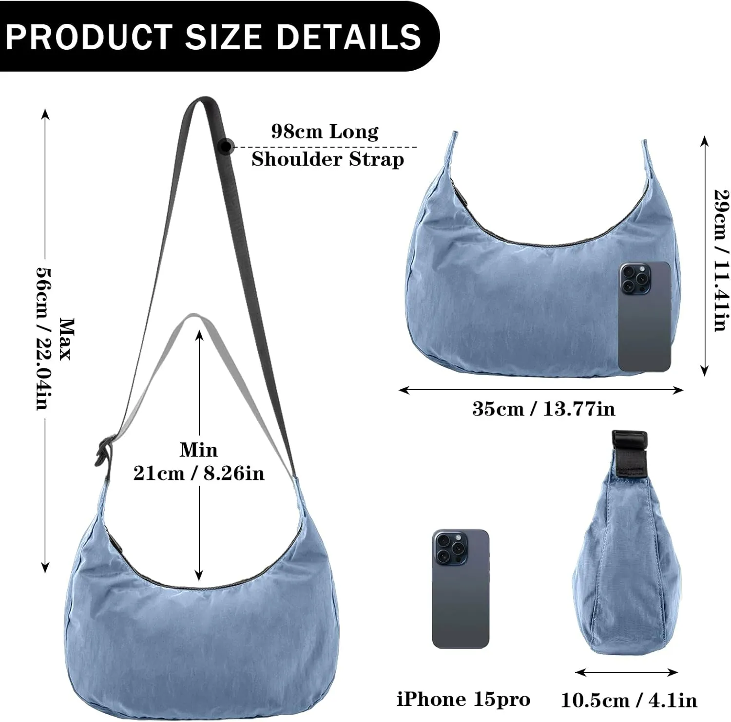 Nylon Crescent Shoulder Bag for Women Men,Crossbody Bag with Adjustable Strap&Dual Interior Zip Pocket