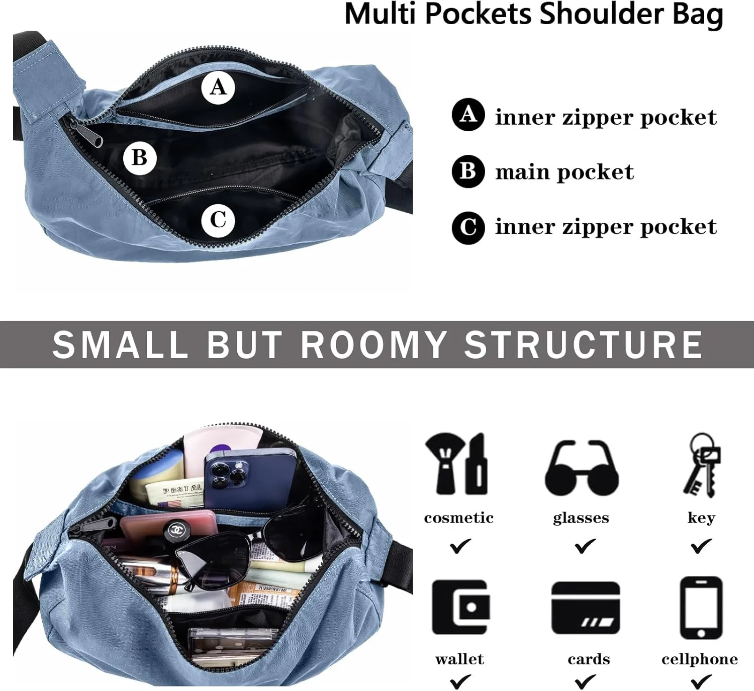 Nylon Crescent Shoulder Bag for Women Men,Crossbody Bag with Adjustable Strap&Dual Interior Zip Pocket