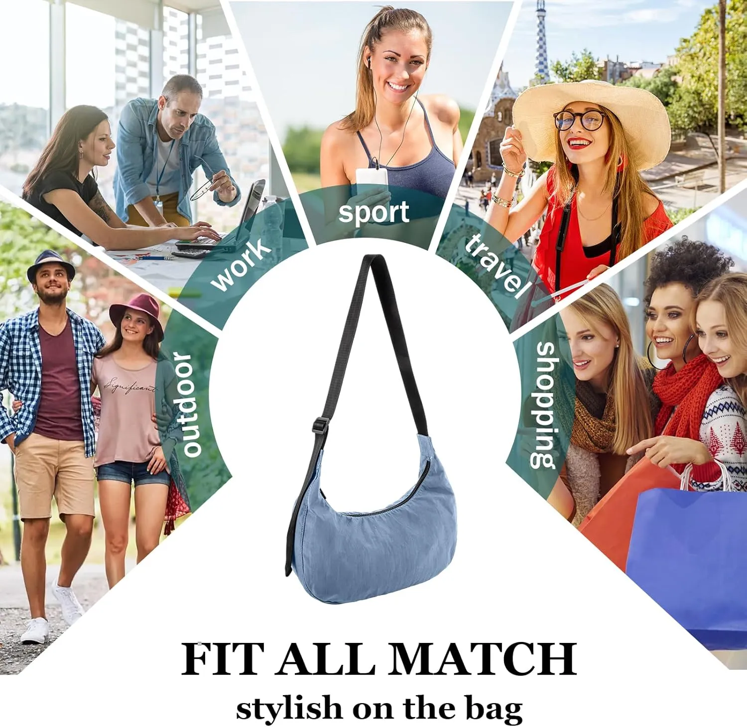 Nylon Crescent Shoulder Bag for Women Men,Crossbody Bag with Adjustable Strap&Dual Interior Zip Pocket
