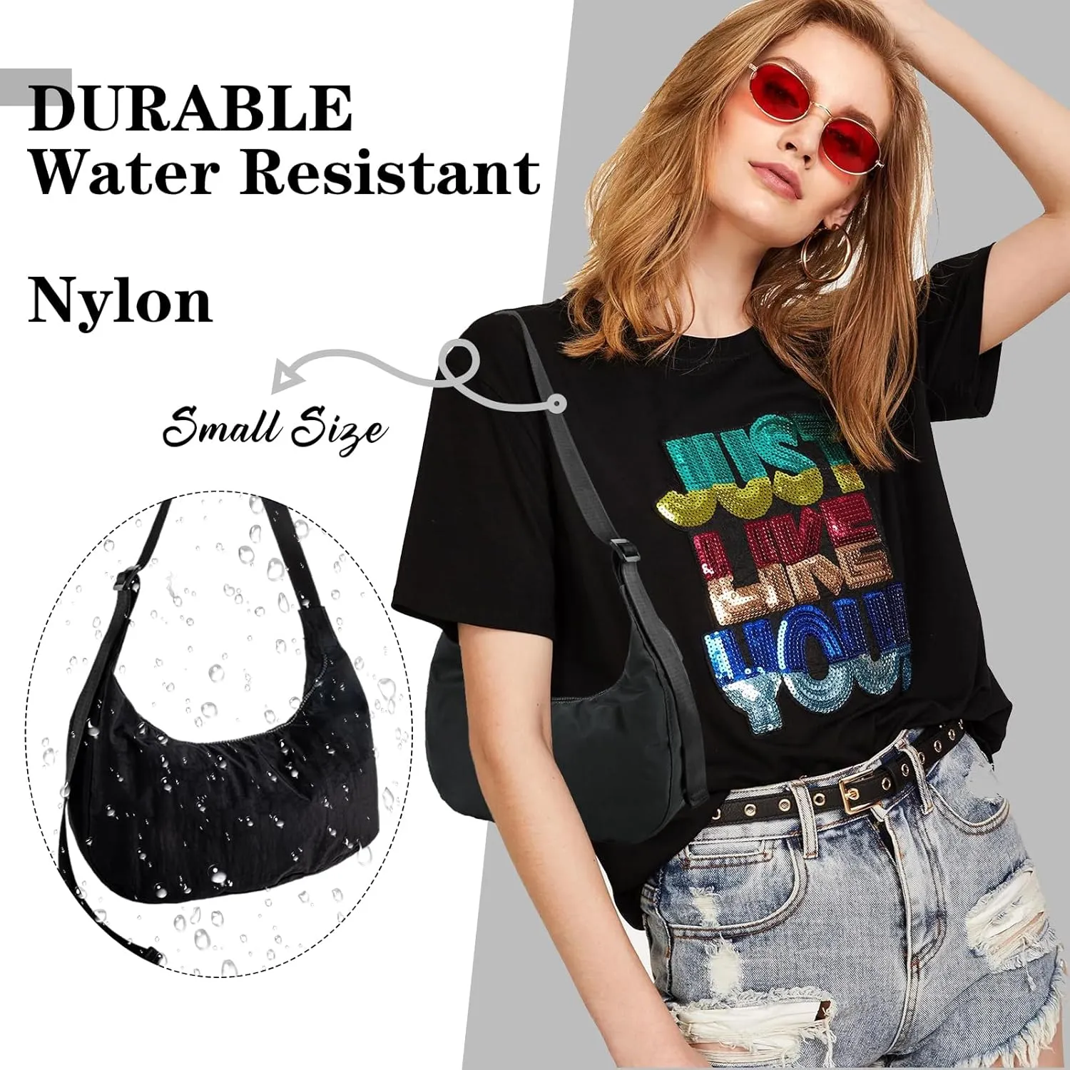 Nylon Crescent Shoulder Bag for Women Men,Crossbody Bag with Adjustable Strap&Dual Interior Zip Pocket
