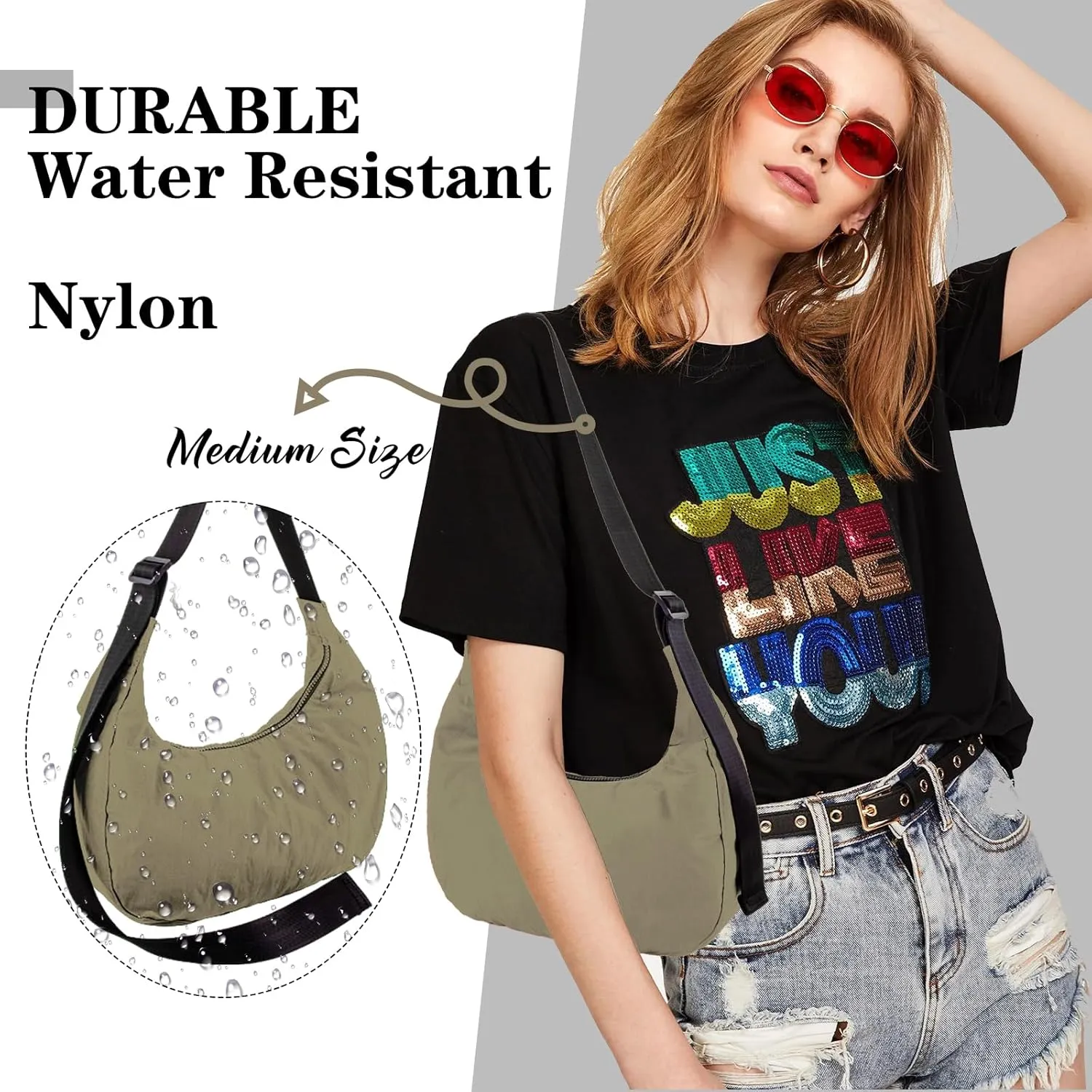 Nylon Crescent Shoulder Bag for Women Men,Crossbody Bag with Adjustable Strap&Dual Interior Zip Pocket
