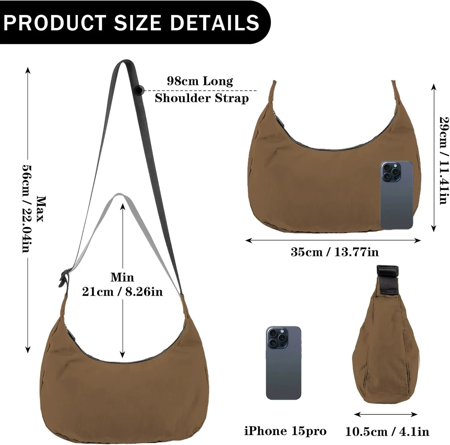 Nylon Crescent Shoulder Bag for Women Men,Crossbody Bag with Adjustable Strap&Dual Interior Zip Pocket