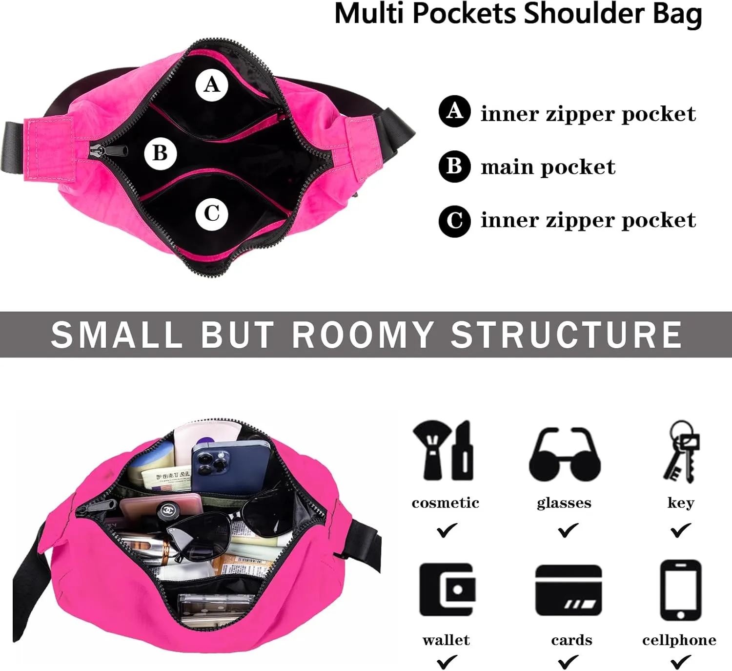 Nylon Crescent Shoulder Bag for Women Men,Crossbody Bag with Adjustable Strap&Dual Interior Zip Pocket