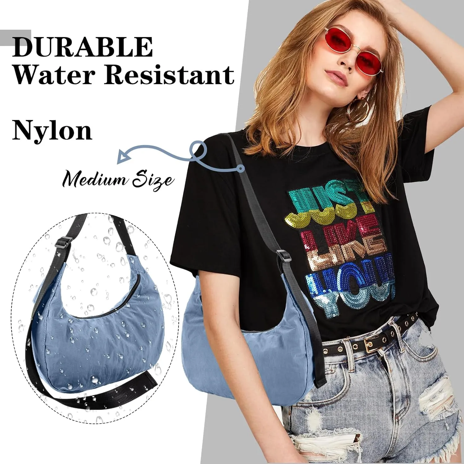 Nylon Crescent Shoulder Bag for Women Men,Crossbody Bag with Adjustable Strap&Dual Interior Zip Pocket
