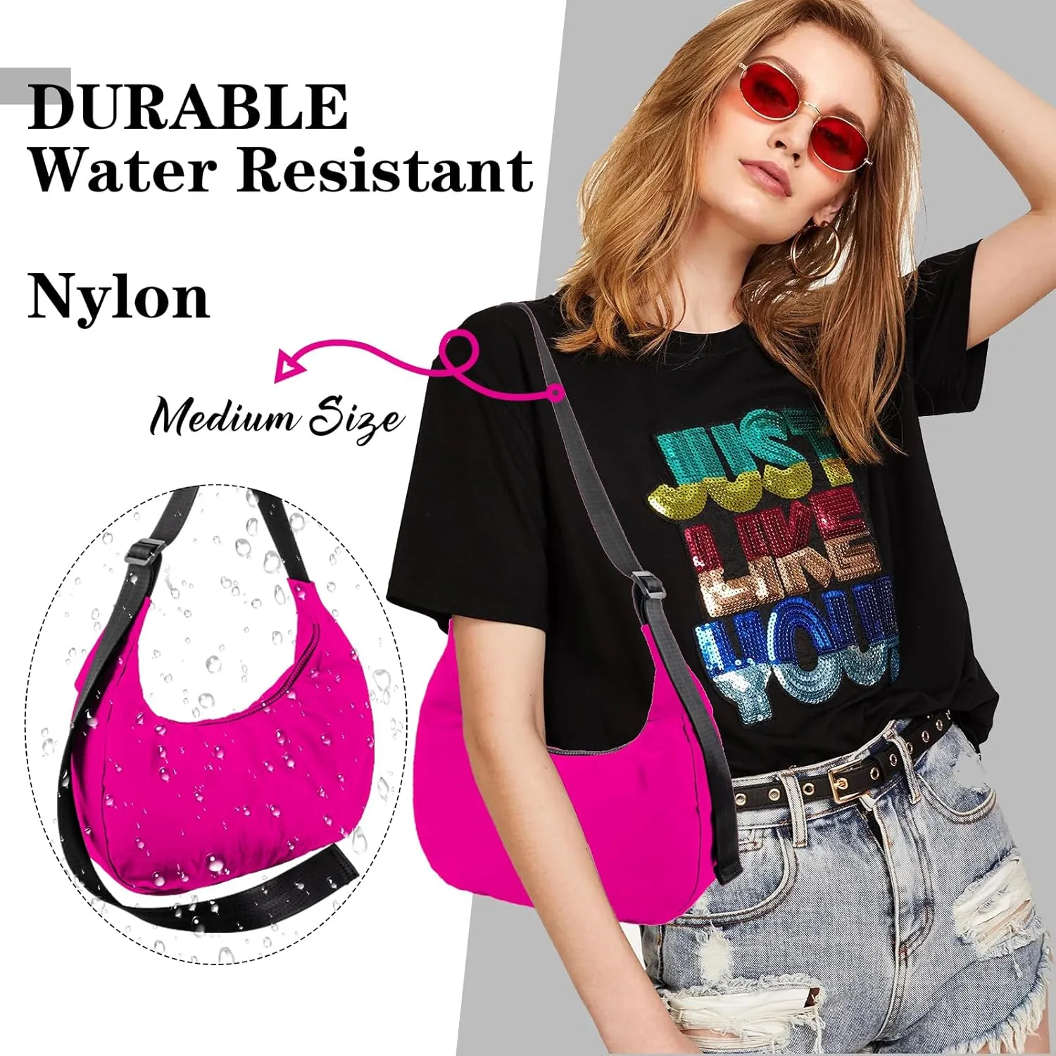 Nylon Crescent Shoulder Bag for Women Men,Crossbody Bag with Adjustable Strap&Dual Interior Zip Pocket