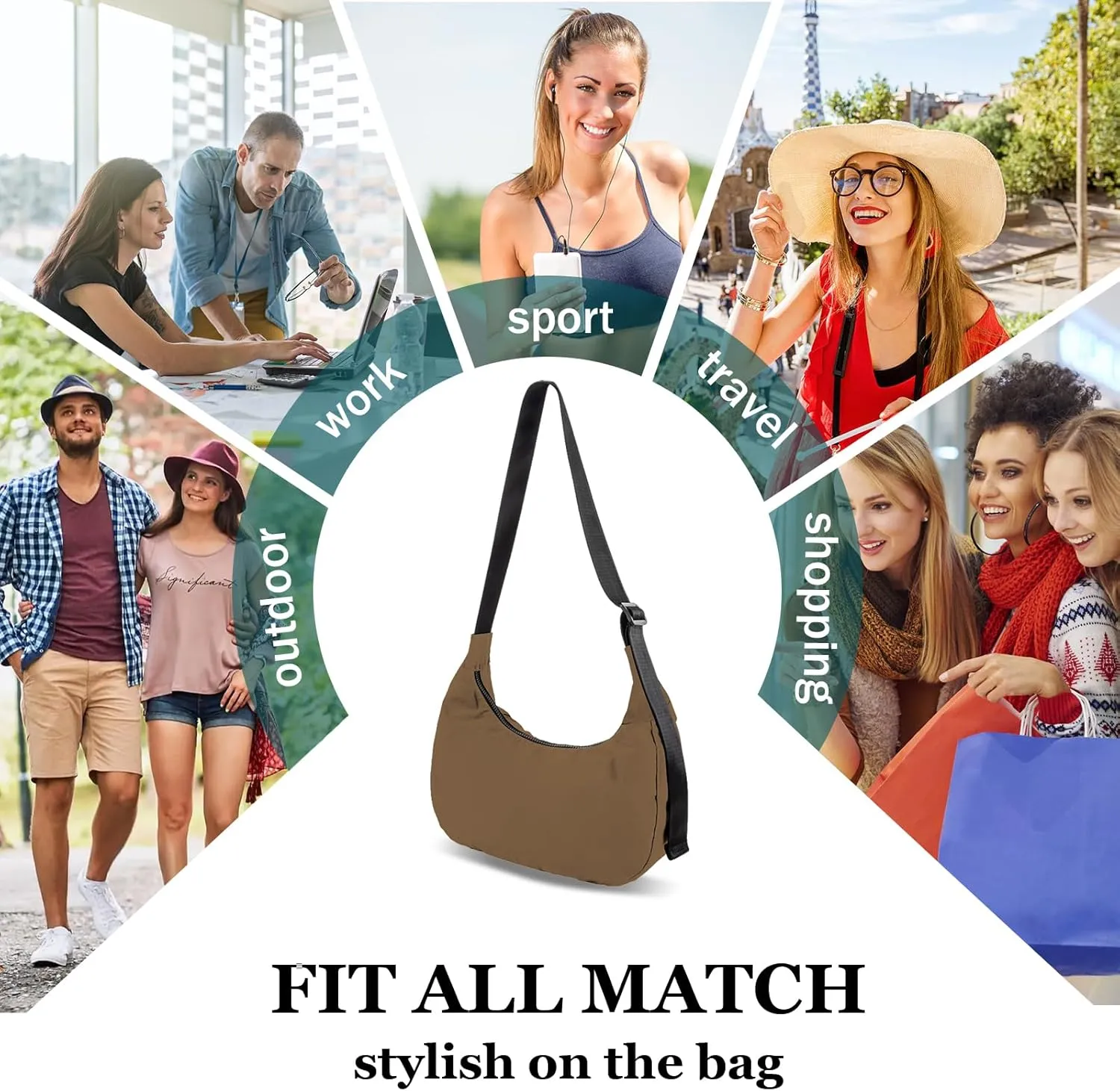 Nylon Crescent Shoulder Bag for Women Men,Crossbody Bag with Adjustable Strap&Dual Interior Zip Pocket