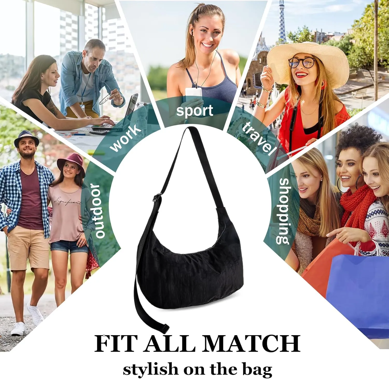 Nylon Crescent Shoulder Bag for Women Men,Crossbody Bag with Adjustable Strap&Dual Interior Zip Pocket