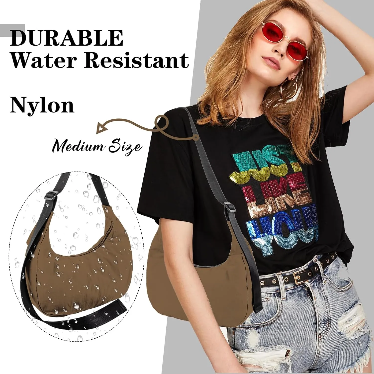 Nylon Crescent Shoulder Bag for Women Men,Crossbody Bag with Adjustable Strap&Dual Interior Zip Pocket