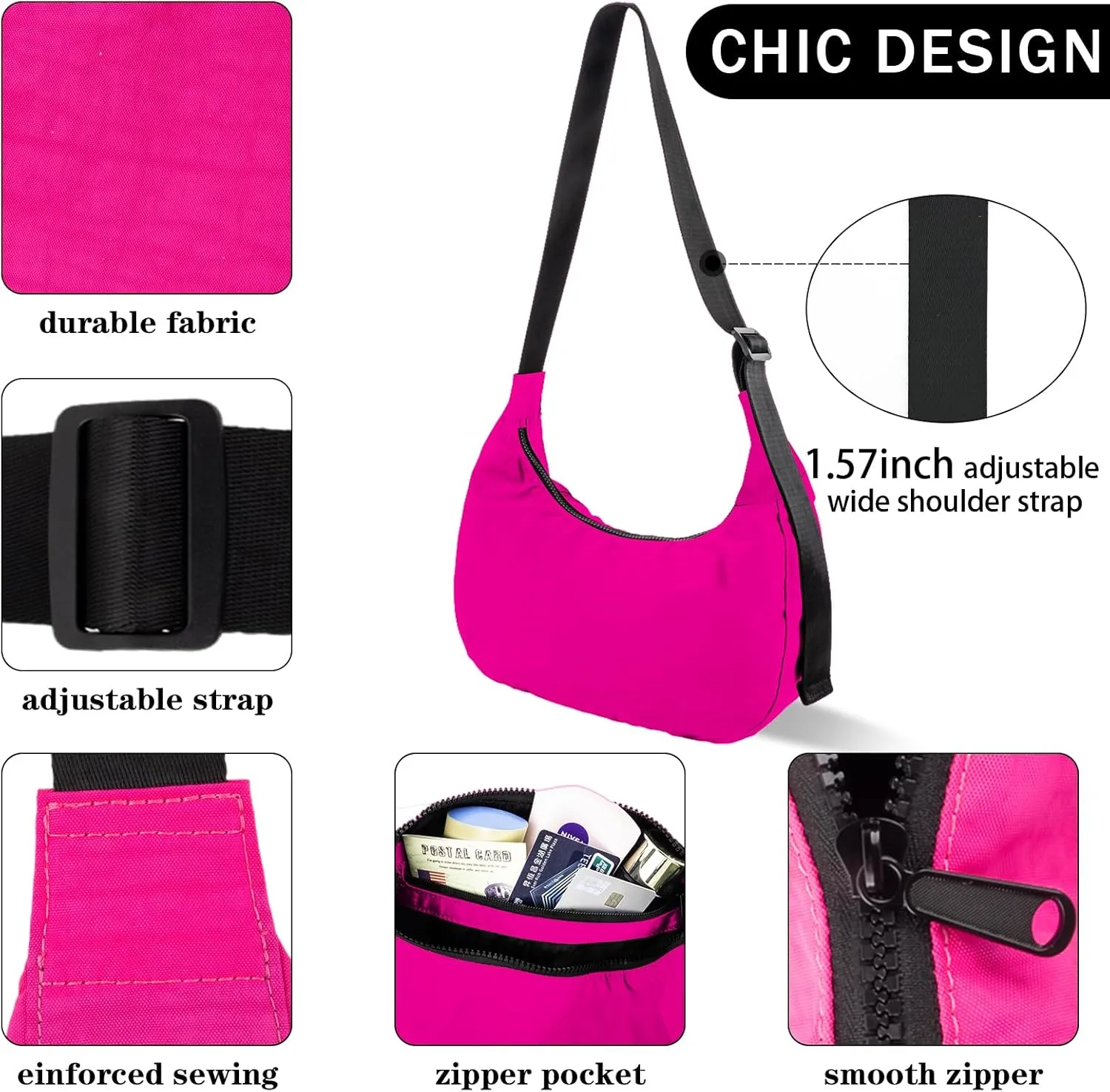 Nylon Crescent Shoulder Bag for Women Men,Crossbody Bag with Adjustable Strap&Dual Interior Zip Pocket
