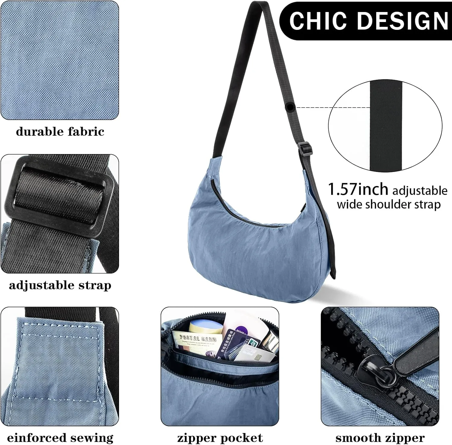 Nylon Crescent Shoulder Bag for Women Men,Crossbody Bag with Adjustable Strap&Dual Interior Zip Pocket