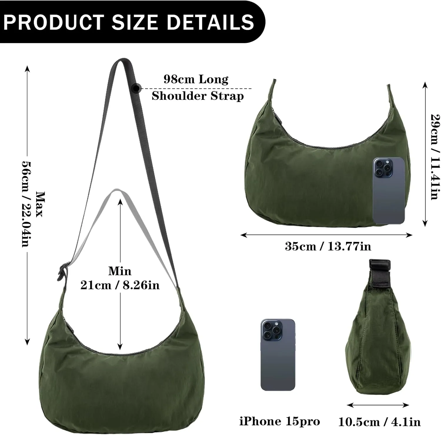 Nylon Crescent Shoulder Bag for Women Men,Crossbody Bag with Adjustable Strap&Dual Interior Zip Pocket