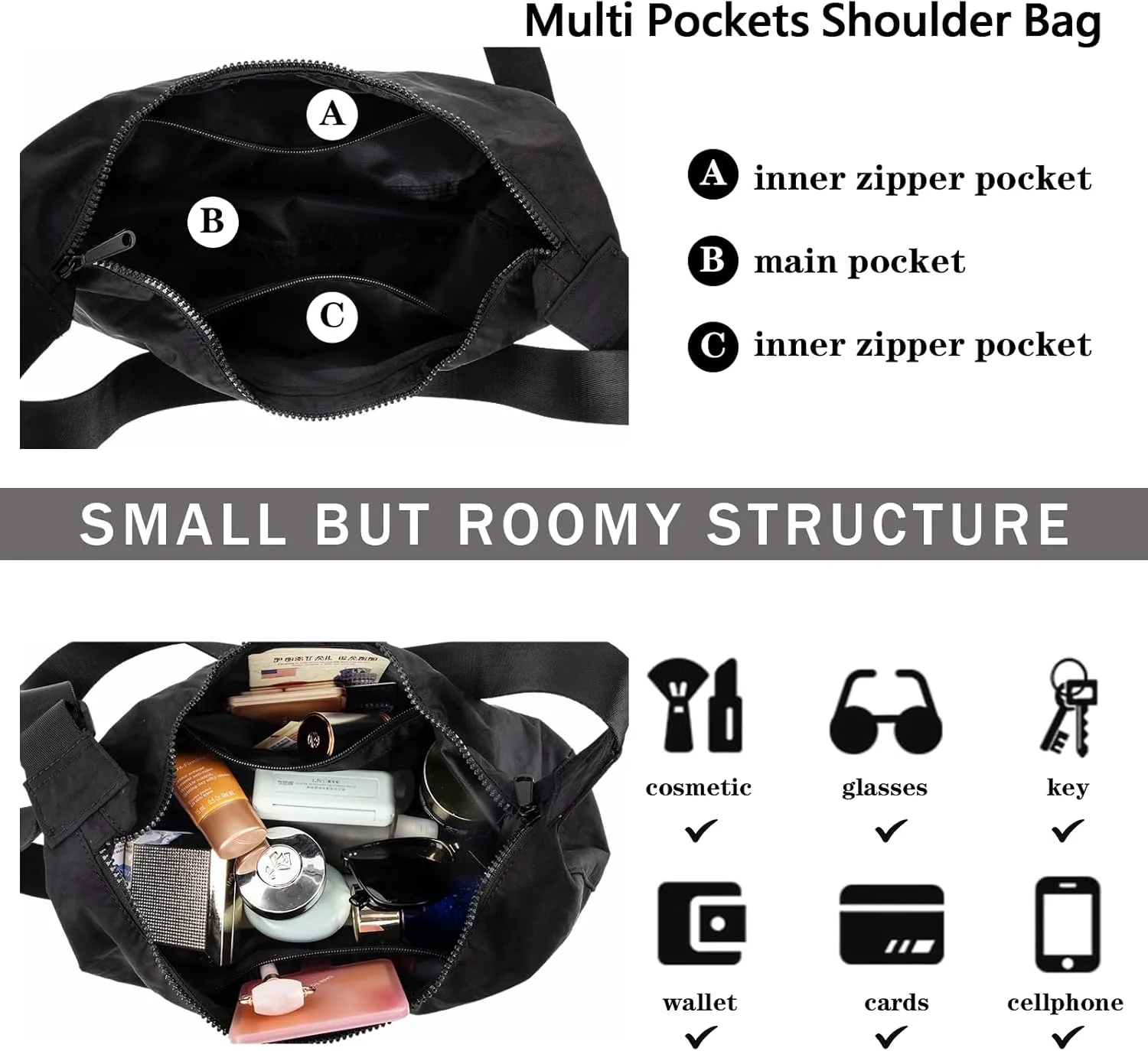 Nylon Crescent Shoulder Bag for Women Men,Crossbody Bag with Adjustable Strap&Dual Interior Zip Pocket