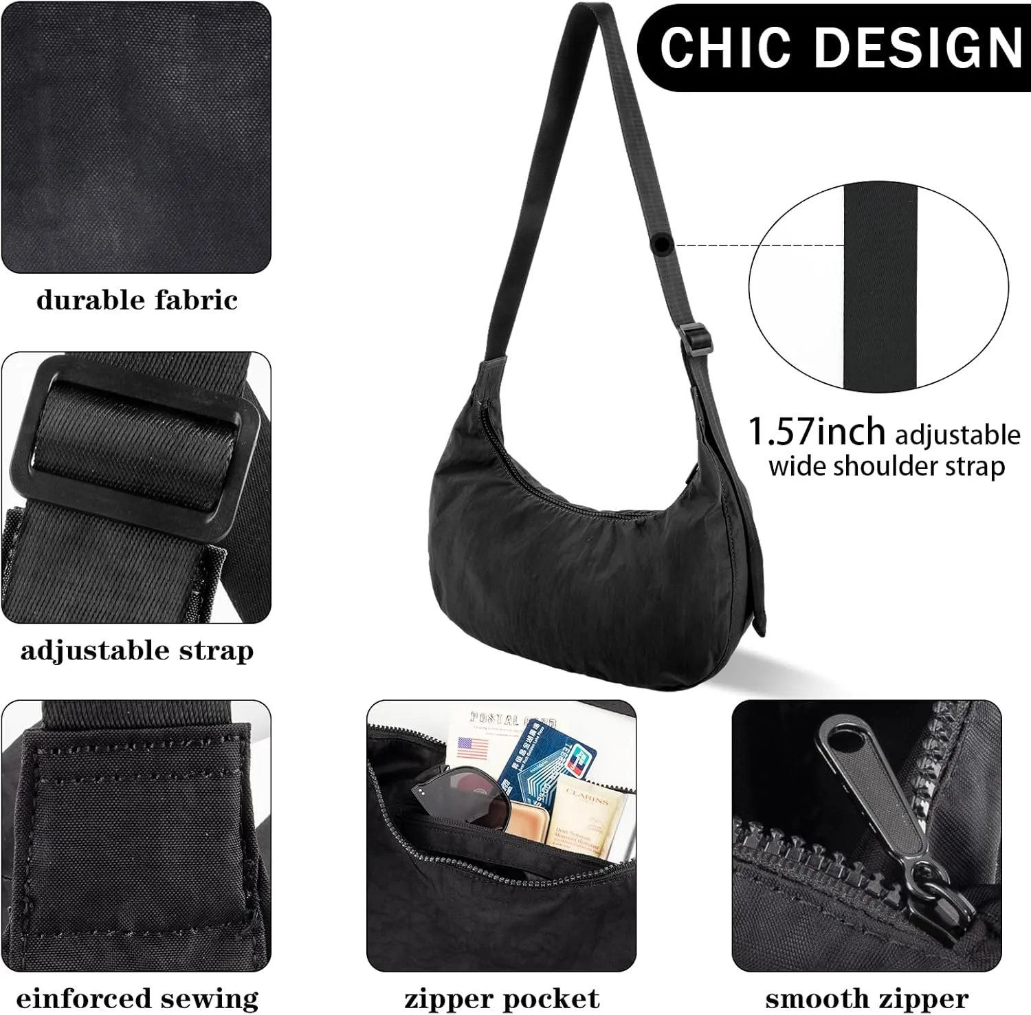 Nylon Crescent Shoulder Bag for Women Men,Crossbody Bag with Adjustable Strap&Dual Interior Zip Pocket