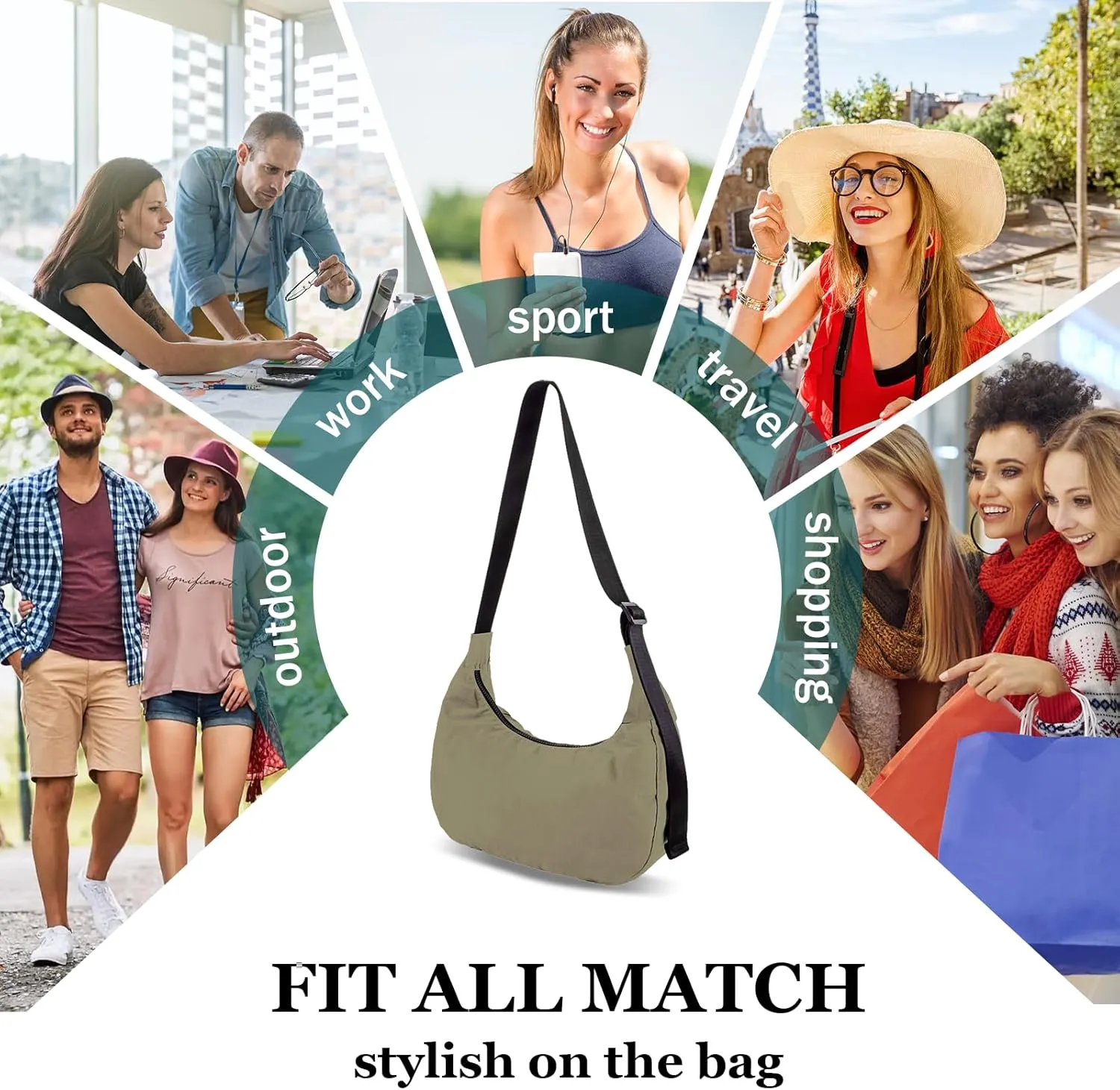 Nylon Crescent Shoulder Bag for Women Men,Crossbody Bag with Adjustable Strap&Dual Interior Zip Pocket