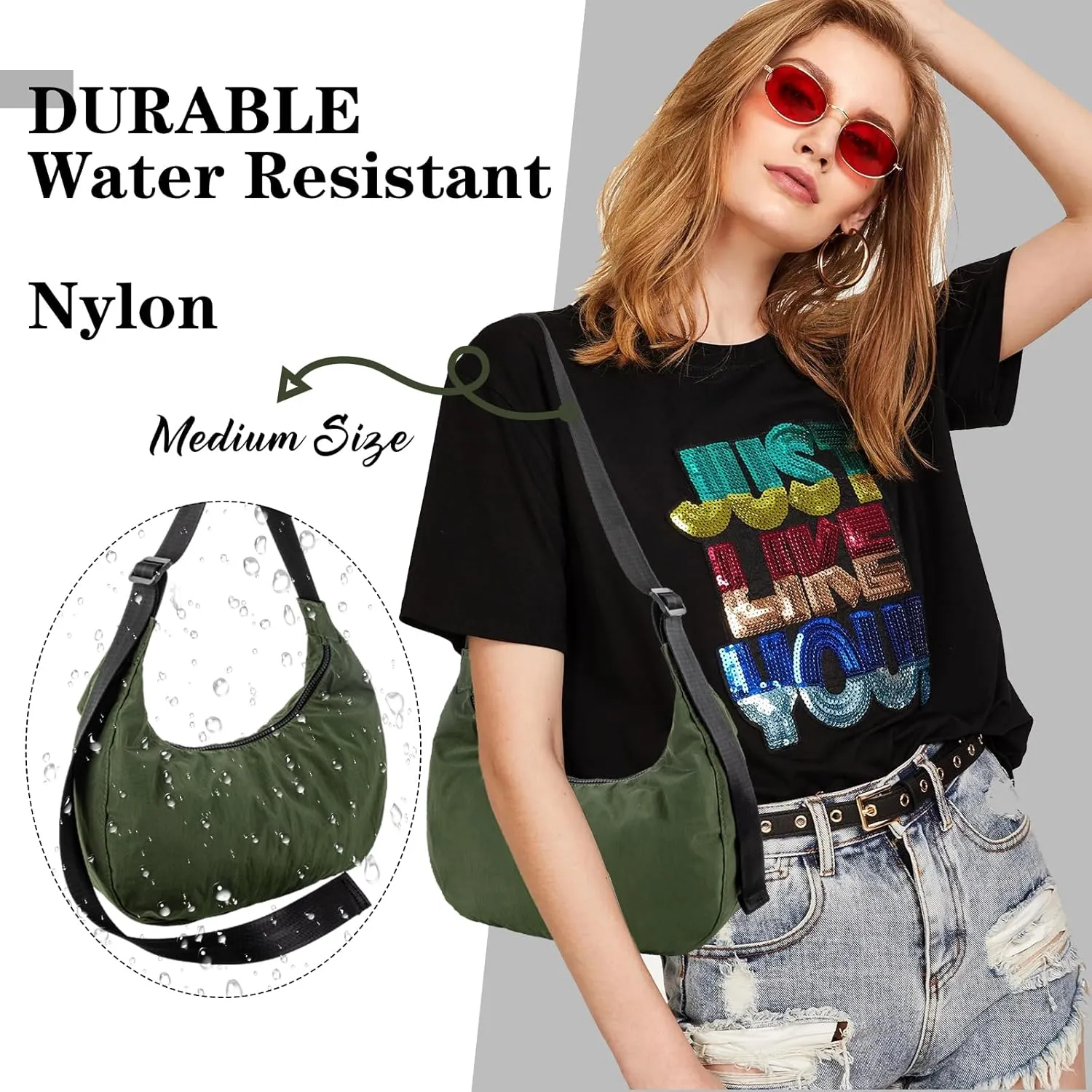 Nylon Crescent Shoulder Bag for Women Men,Crossbody Bag with Adjustable Strap&Dual Interior Zip Pocket