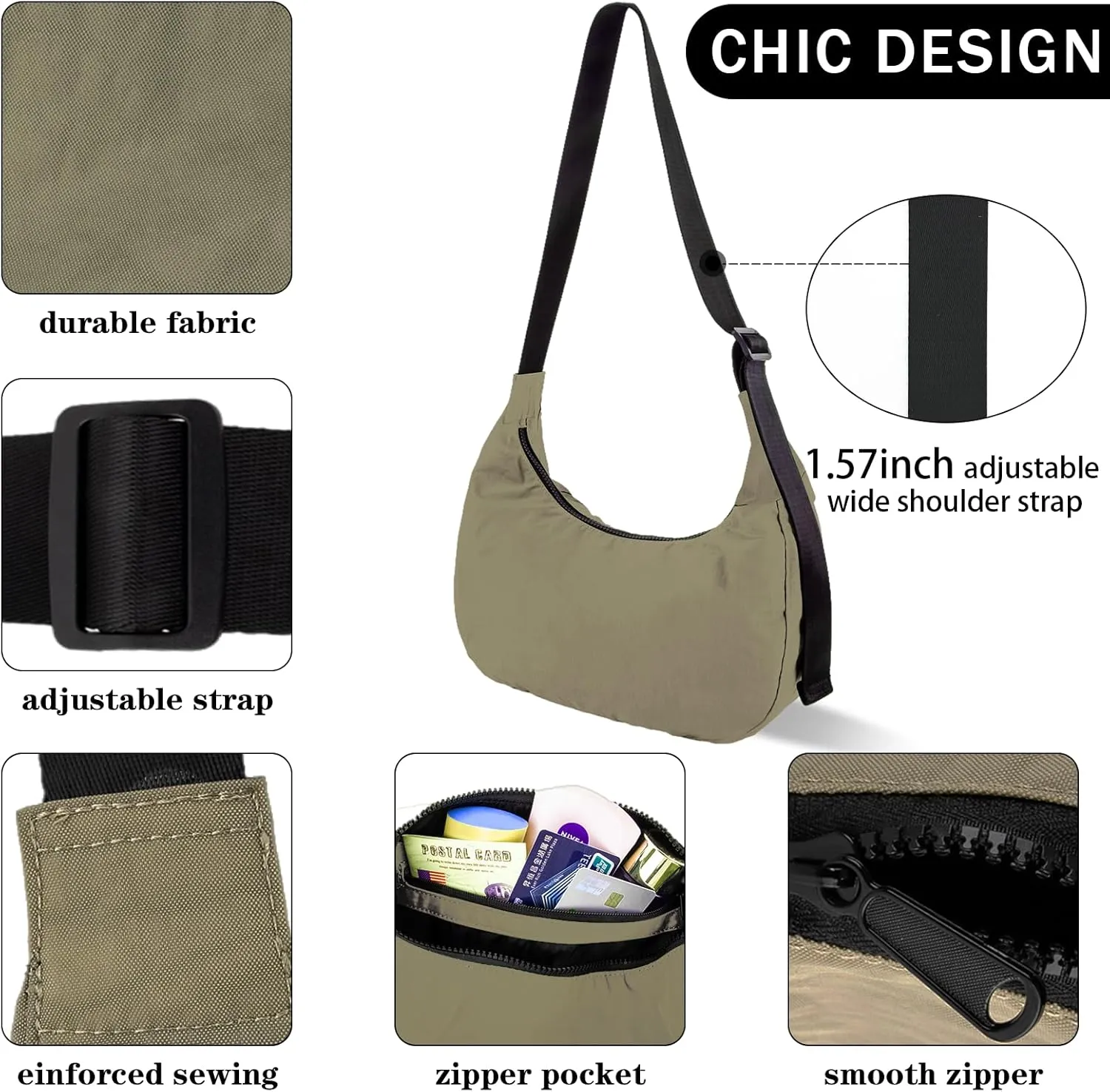 Nylon Crescent Shoulder Bag for Women Men,Crossbody Bag with Adjustable Strap&Dual Interior Zip Pocket