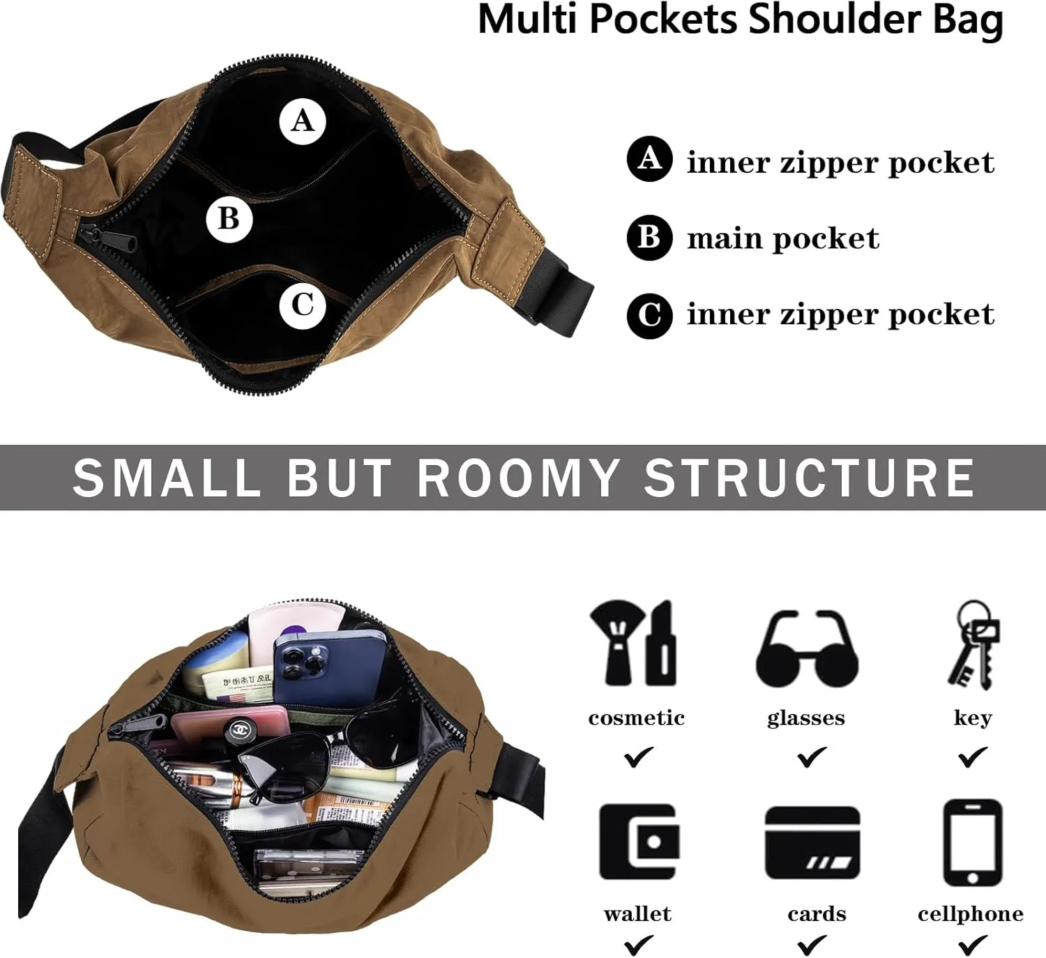 Nylon Crescent Shoulder Bag for Women Men,Crossbody Bag with Adjustable Strap&Dual Interior Zip Pocket