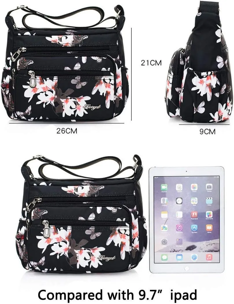 Nylon Floral Multi-Pocket Crossbody Purse Bags for Women Travel Shoulder Bag