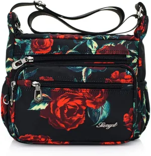 Nylon Floral Multi-Pocket Crossbody Purse Bags for Women Travel Shoulder Bag