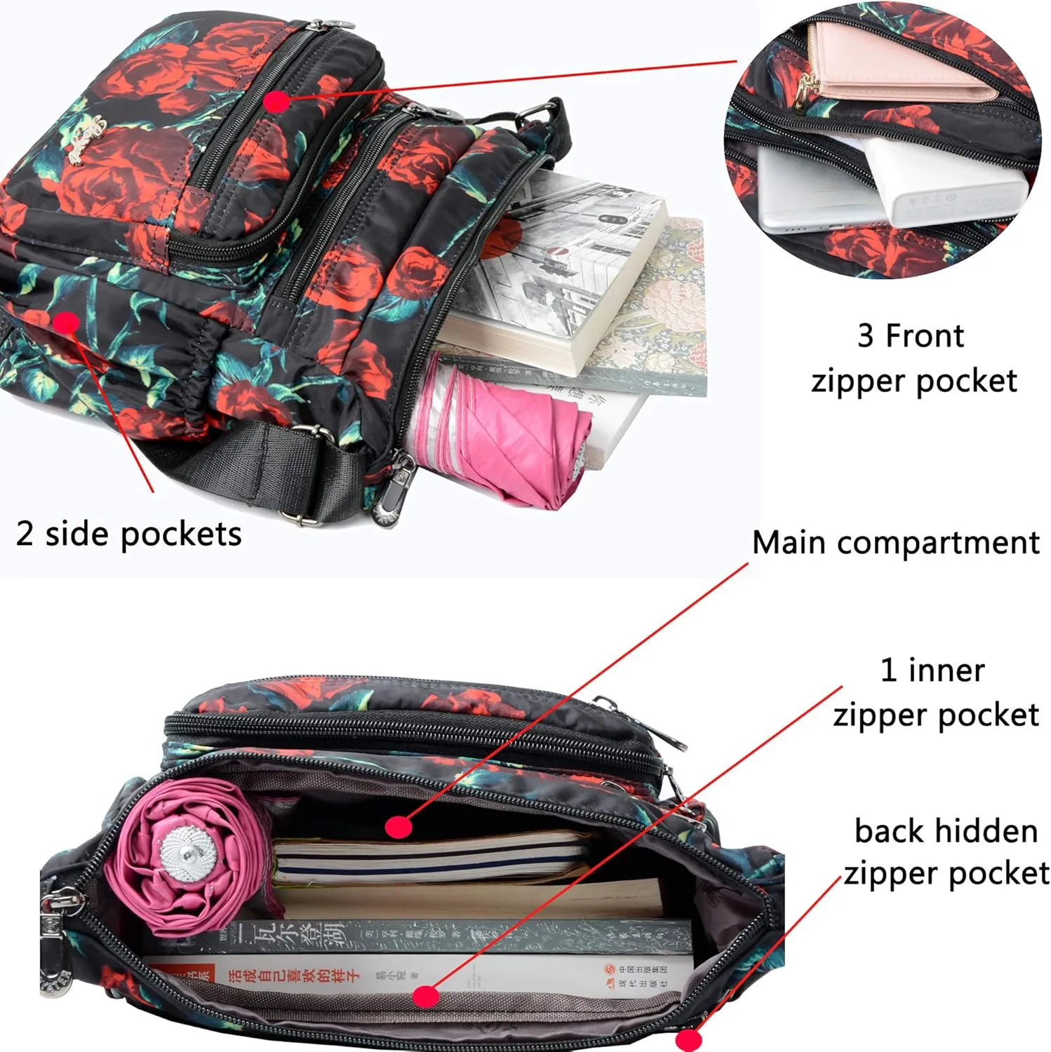 Nylon Floral Multi-Pocket Crossbody Purse Bags for Women Travel Shoulder Bag