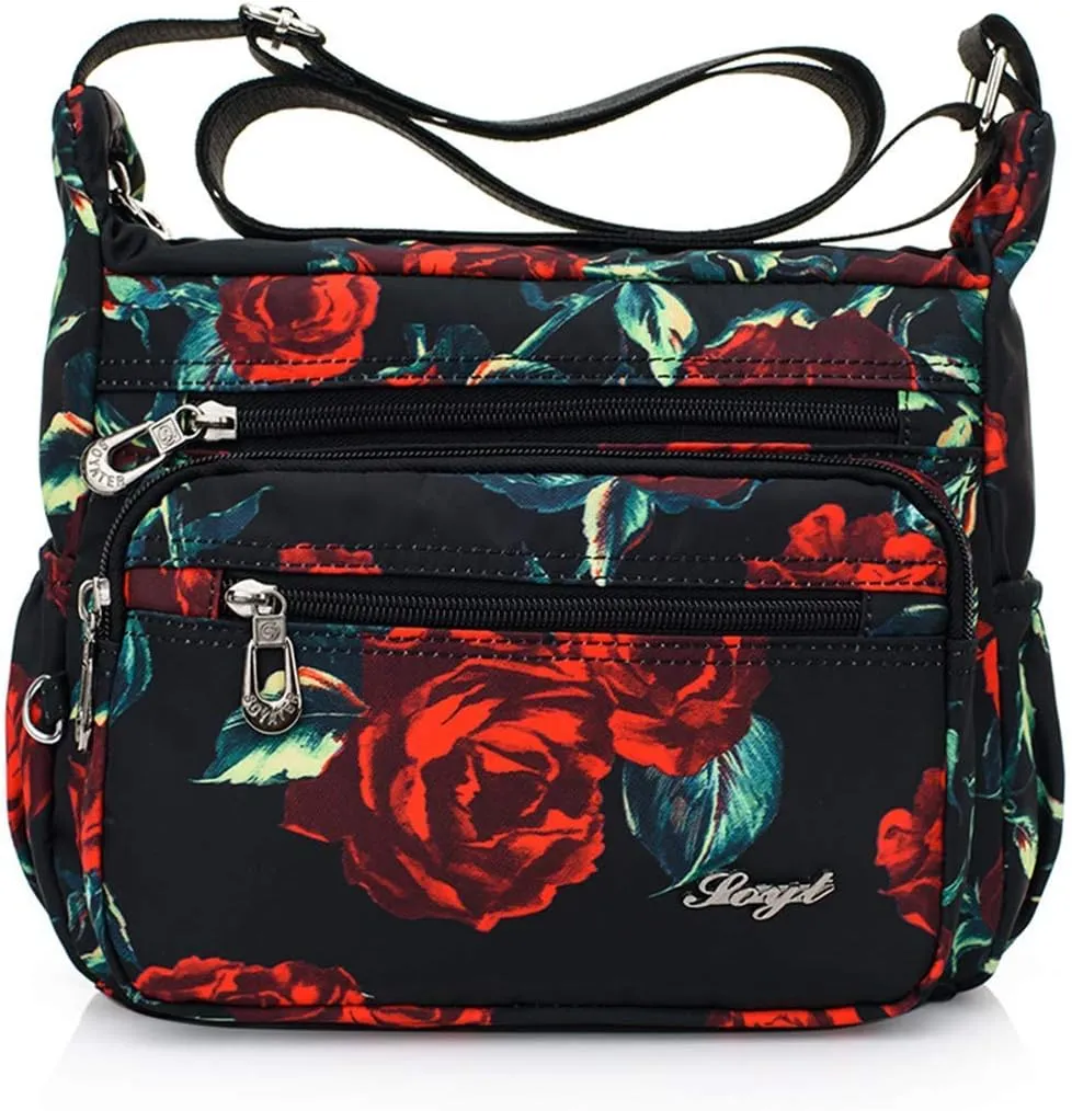 Nylon Floral Multi-Pocket Crossbody Purse Bags for Women Travel Shoulder Bag