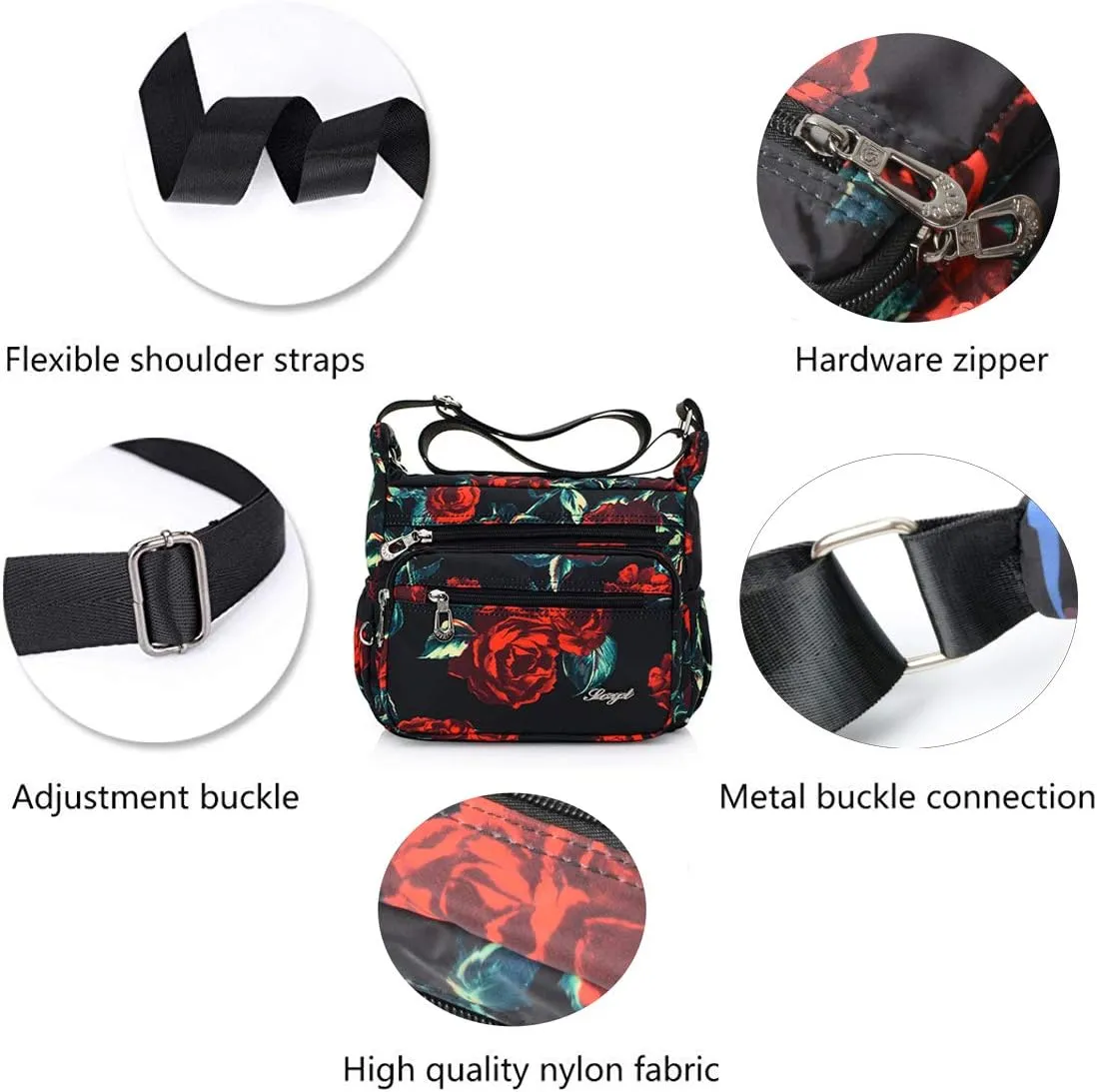 Nylon Floral Multi-Pocket Crossbody Purse Bags for Women Travel Shoulder Bag
