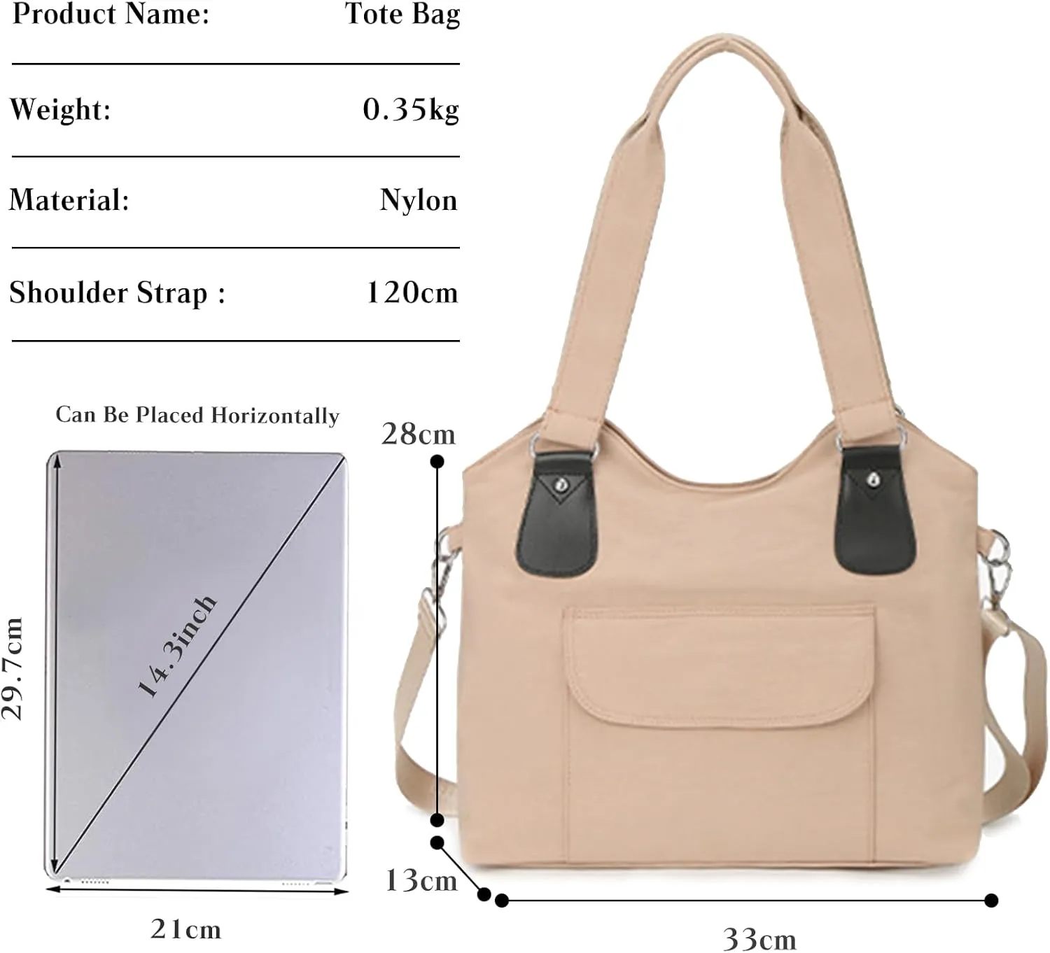 Nylon Shoulder Bag for Women Waterproof Handbag Casual Crossbody Bag Multi Pockets Messenger Bag Top Handle Bag