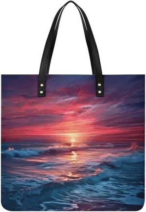 Ocean at Warm Twilight Large Leather Handbags Women Fashion Handbag Multifunctional Travel Bag It Is A Great Gift for Mothers, Teachers, Friends, Bridesmaids