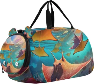 Ocean Colorful Stingray Fish Sports Duffle Bag for Teens Girls Boys, Gym Bag with Shoe Compartment, Kids Travel Overnight Weekender Shoulder Bag