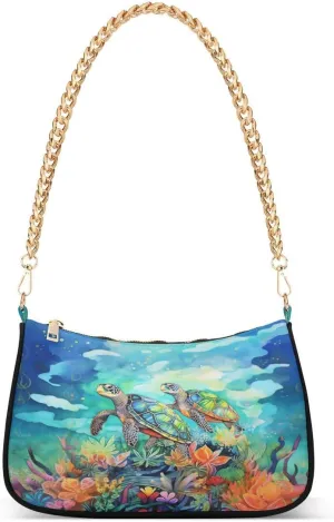 Ocean Coral Reef Sea Turtle Tote Bag Hobo Handbag for Women Ladies Shoulder Bag Mini Clutch Purse with Zipper Closure