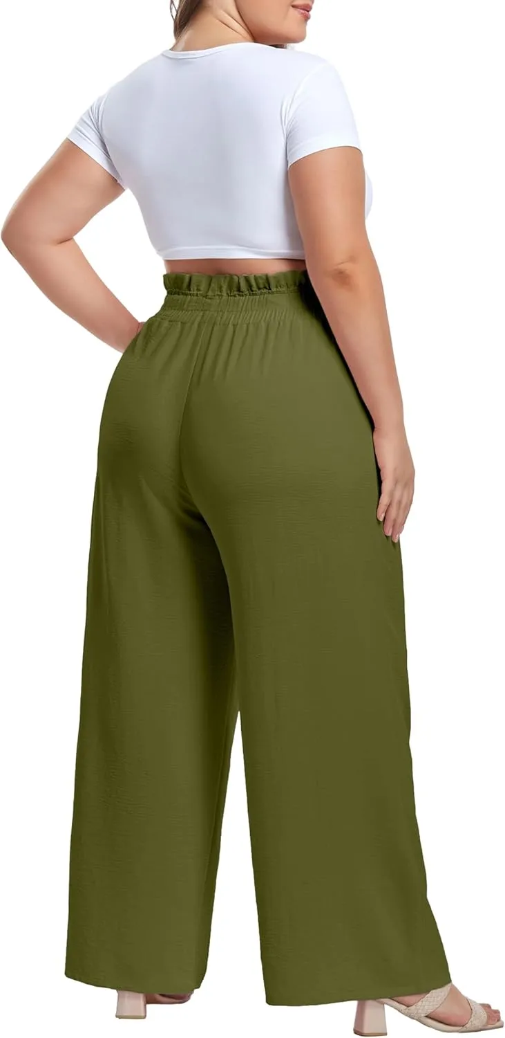 OLRIK Women's Casual Plus Size Pants High Waisted Self-tie Belted Lounge Pants Straight Long Trousers with Pockets