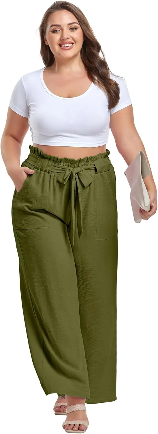 OLRIK Women's Casual Plus Size Pants High Waisted Self-tie Belted Lounge Pants Straight Long Trousers with Pockets