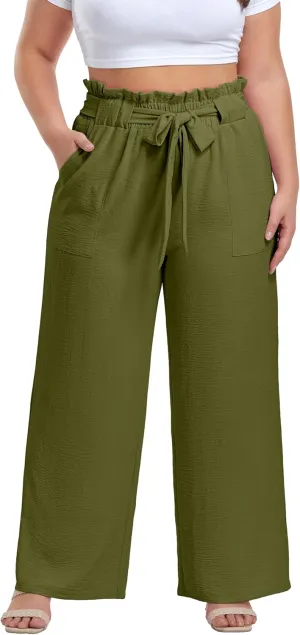 OLRIK Women's Casual Plus Size Pants High Waisted Self-tie Belted Lounge Pants Straight Long Trousers with Pockets