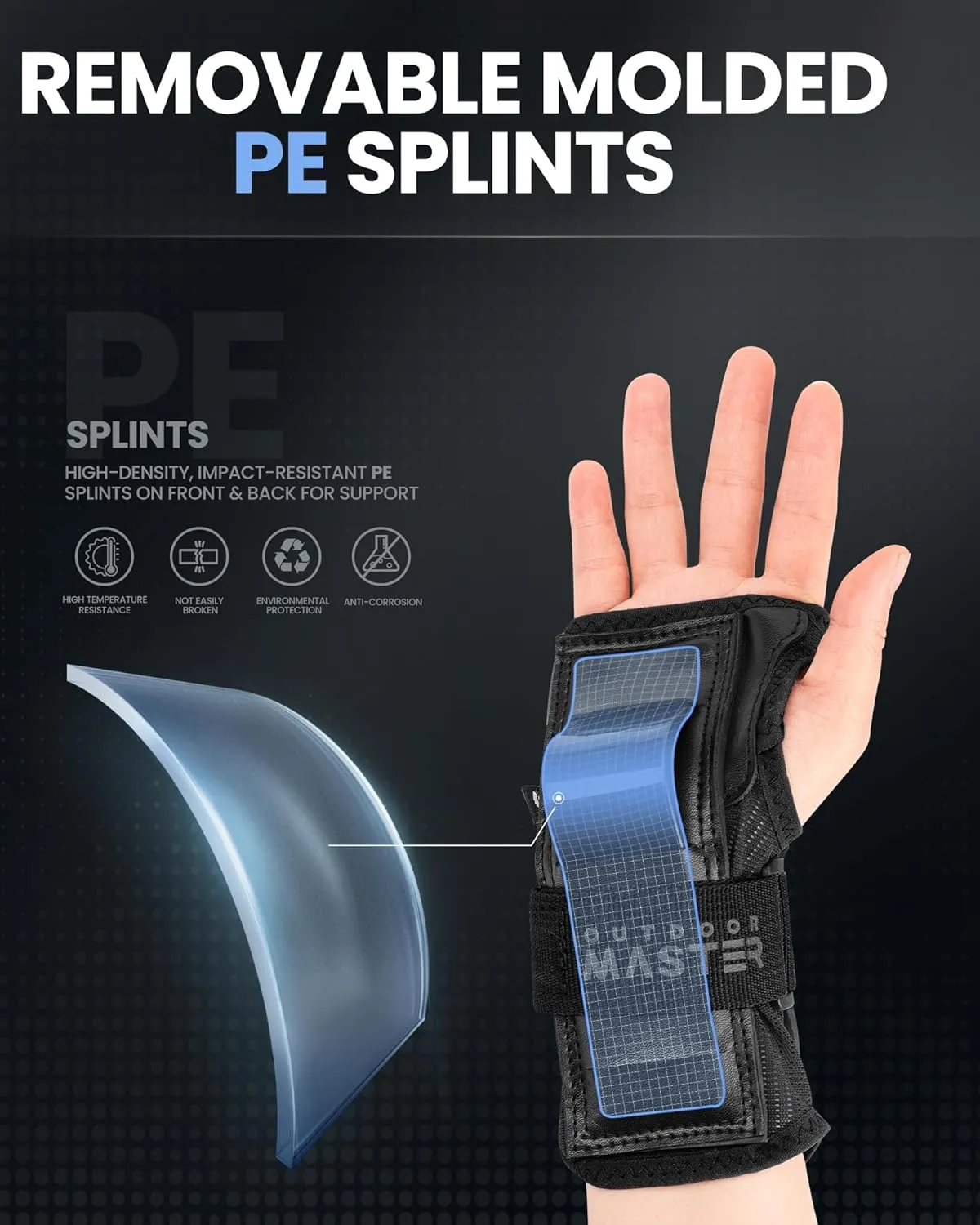 OutdoorMaster Wrist Guards for Snowboarding, Skating, Skateboarding, Impact Resistant Wrist Brace with Splints and Adjustable Strap, Wristsaver Wrist Support Protective Gear for Adults/Youth (1 Pair)